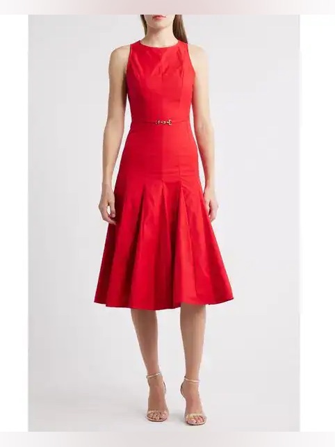 En Saison Clarisse Belted Midi Dress In Poplin Red Size S Nwt